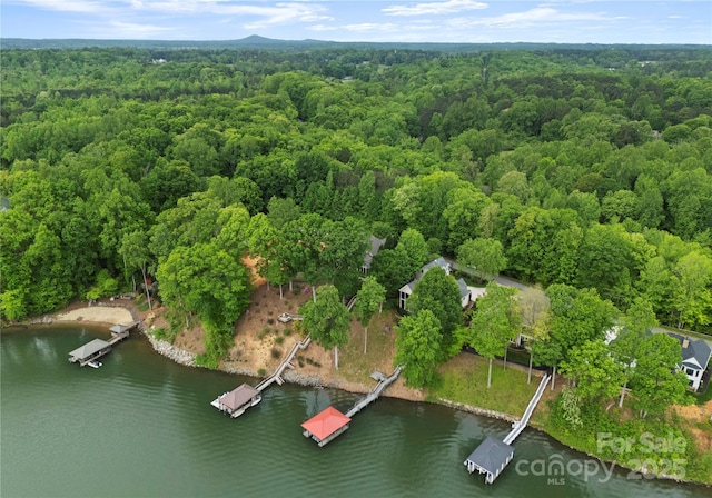 bird's eye view with a forest view and a water view