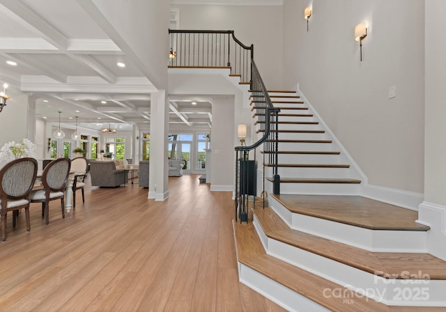 1328 Astoria Pkwy, Sherrills Ford, NC 28609 - foyer with coffered ceiling, stairway, wood finished floors, recessed lighting, and beam ceiling