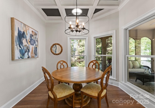 1328 Astoria Pkwy, Sherrills Ford, NC 28609 - dining area featuring a chandelier, plenty of natural light, coffered ceiling, dark wood-style floors, and beamed ceiling