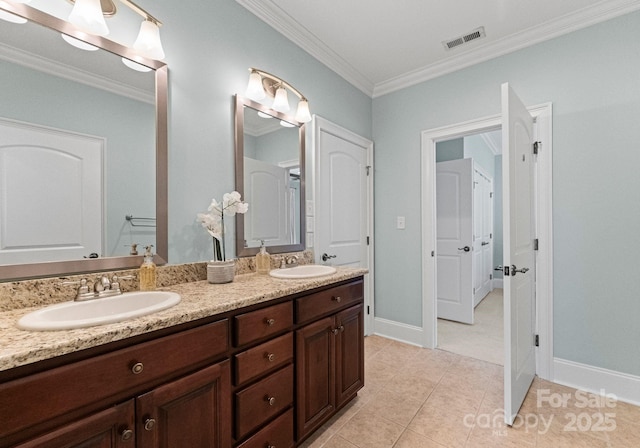 1328 Astoria Pkwy, Sherrills Ford, NC 28609 - bathroom with crown molding, double vanity, tile patterned floors, and baseboards