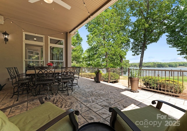1328 Astoria Pkwy, Sherrills Ford, NC 28609 - view of patio with a ceiling fan, a water view, fence, and outdoor dining area