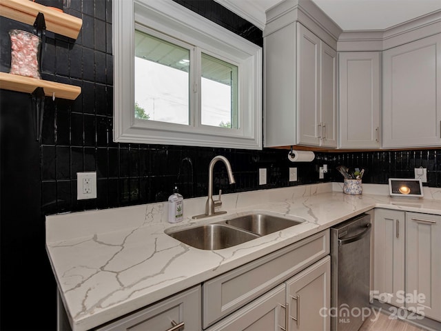 7048 Delta Lake Dr, Charlotte, NC 28215 - kitchen with stainless steel dishwasher, decorative backsplash, a sink, and light stone countertops