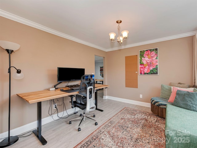 7048 Delta Lake Dr, Charlotte, NC 28215 - office featuring baseboards, a notable chandelier, crown molding, and wood finished floors