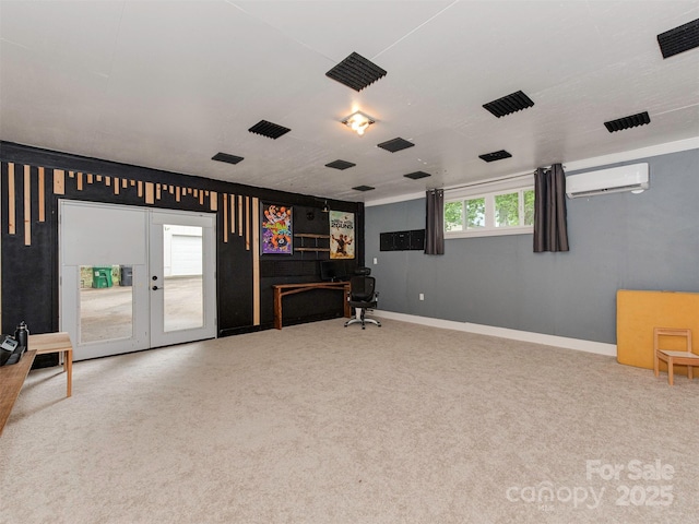 7048 Delta Lake Dr, Charlotte, NC 28215 - interior space with visible vents, baseboards, carpet floors, and an AC wall unit
