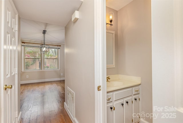 bathroom with baseboards, visible vents, wood finished floors, and vanity