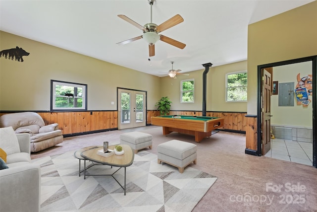 234 Bird Creek Dr, Waynesville, NC 28786 - game room with wainscoting, pool table, light carpet, wood walls, and a ceiling fan