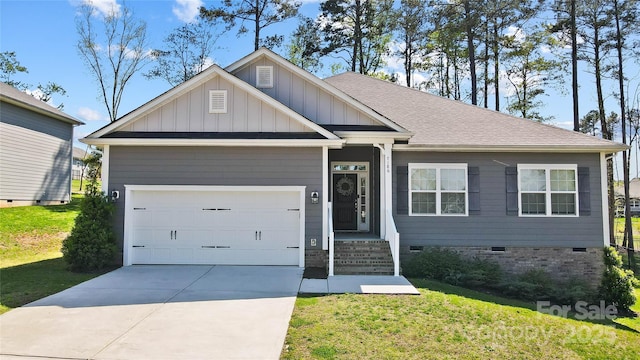7186 Barleywood Dr, Locust, NC 28097 - ranch-style house with concrete driveway, a front lawn, board and batten siding, and an attached garage