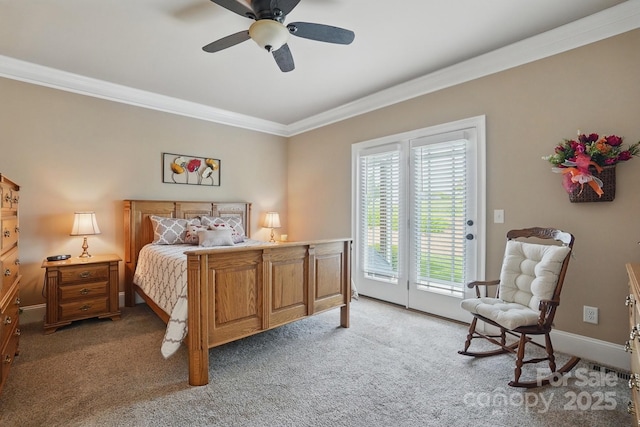 bedroom featuring access to exterior, a ceiling fan, crown molding, baseboards, and light colored carpet