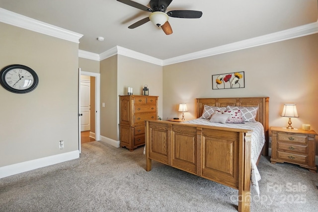 bedroom with ceiling fan, light carpet, crown molding, and baseboards