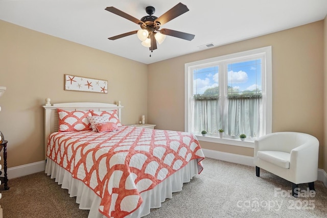 bedroom featuring baseboards, carpet, and ceiling fan