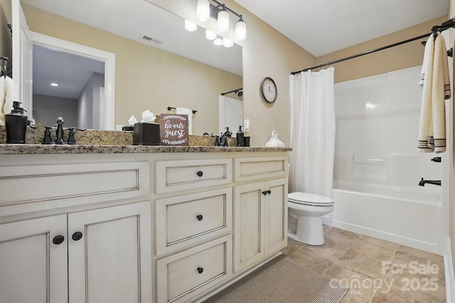 full bathroom featuring a sink, double vanity, shower / tub combo, toilet, and visible vents