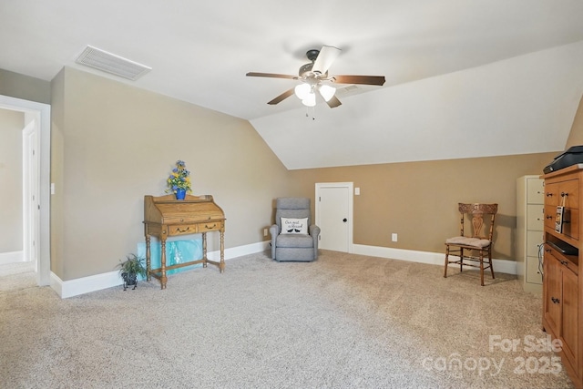 living area featuring a ceiling fan, light carpet, baseboards, lofted ceiling, and visible vents