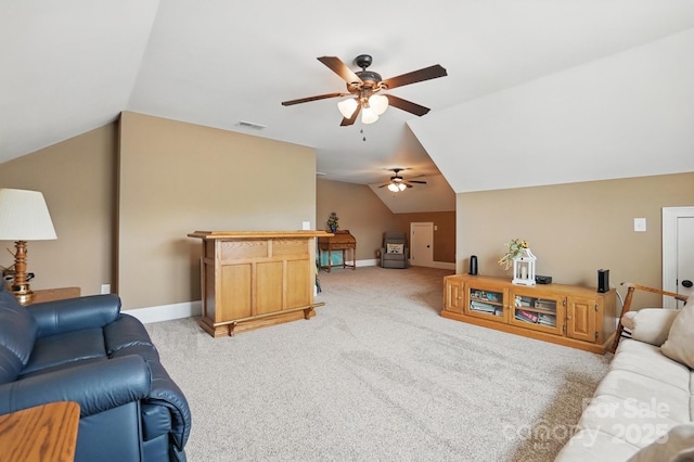 living room with vaulted ceiling, a ceiling fan, visible vents, and light carpet
