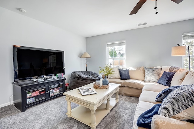 517 Bertram Rd, Fort Mill, SC 29708 - living room featuring plenty of natural light, carpet flooring, visible vents, and ceiling fan