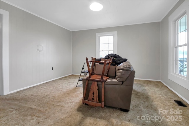 sitting room featuring carpet floors, a wealth of natural light, and ornamental molding