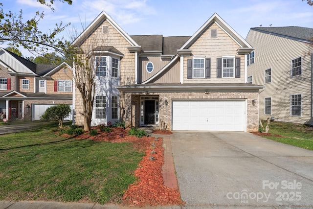 15814 Herring Gull Way, Charlotte, NC 28278 - view of front of home featuring concrete driveway, board and batten siding, a front lawn, brick siding, and a garage
