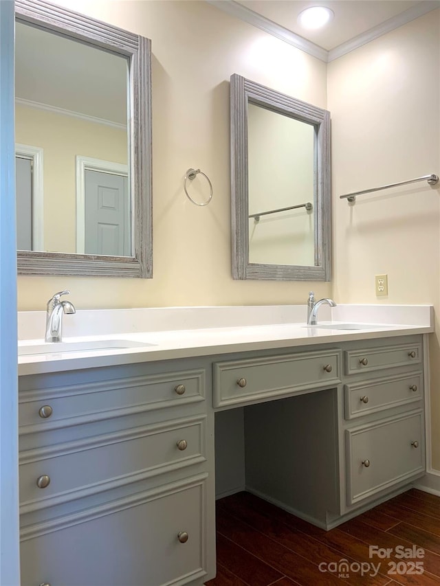bathroom featuring ornamental molding, vanity, and wood finished floors