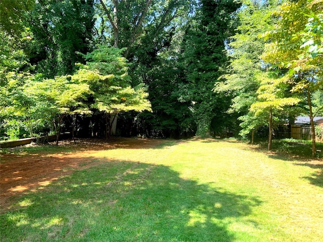 view of yard featuring fence and a view of trees