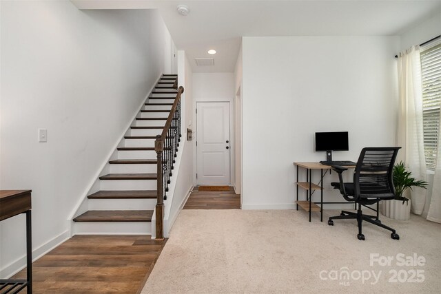 home office featuring recessed lighting, baseboards, and wood finished floors