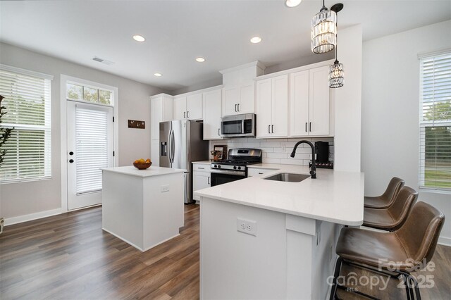 kitchen featuring a sink, stainless steel appliances, dark wood finished floors, a center island, and backsplash
