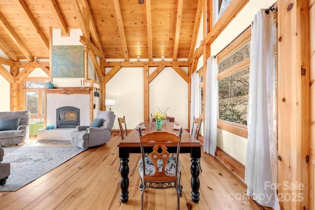 35 Great Aspen Way, Black Mountain, NC 28711 - dining space with a wood ceiling with exposed beams, hardwood / wood-style floors, and high vaulted ceiling