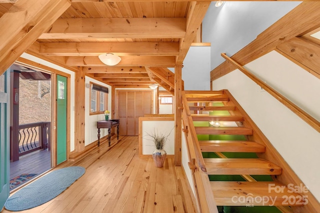 35 Great Aspen Way, Black Mountain, NC 28711 - stairway with hardwood / wood-style flooring and a wood ceiling with exposed beams