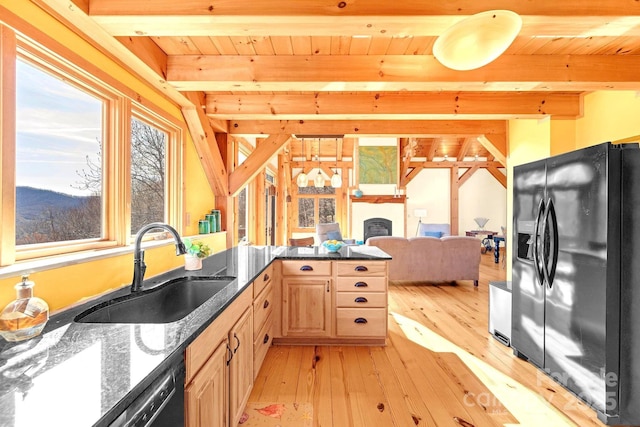 35 Great Aspen Way, Black Mountain, NC 28711 - kitchen featuring stainless steel refrigerator with ice dispenser, a wooden ceiling with exposed beams, light wood-type flooring, light brown cabinets, and dark stone countertops