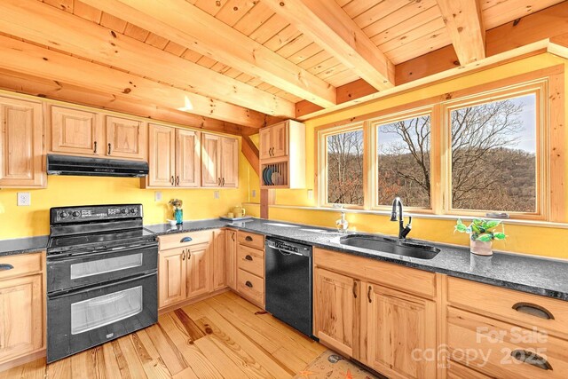 35 Great Aspen Way, Black Mountain, NC 28711 - kitchen featuring black appliances, under cabinet range hood, light brown cabinets, light wood-style flooring, and a wood ceiling with exposed beams