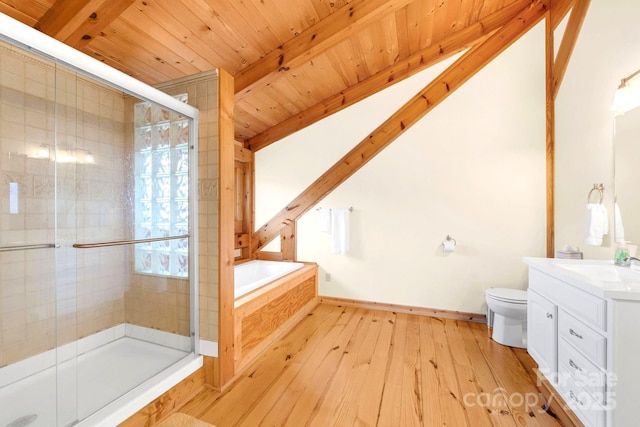 35 Great Aspen Way, Black Mountain, NC 28711 - full bath featuring vanity, a stall shower, a bath, hardwood / wood-style floors, and wood ceiling