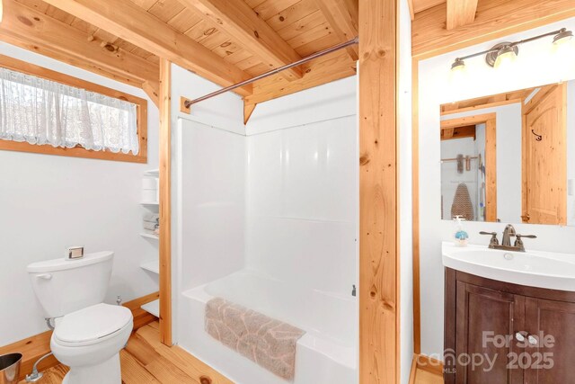 35 Great Aspen Way, Black Mountain, NC 28711 - full bathroom with vanity, washtub / shower combination, wood finished floors, and a wooden ceiling with exposed beams