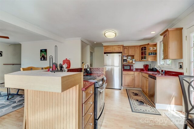 kitchen with light wood-style flooring, a sink, ornamental molding, and stainless steel appliances