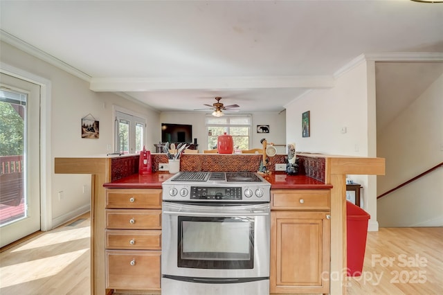 kitchen featuring electric range, dark countertops, and ornamental molding