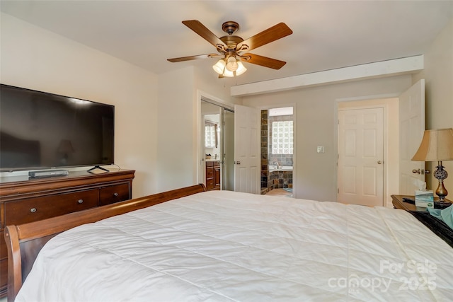 bedroom with ceiling fan and ensuite bath