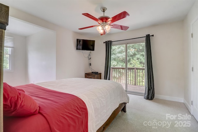 carpeted bedroom with access to exterior, baseboards, and a ceiling fan