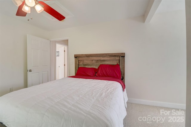 bedroom with baseboards, carpet flooring, and ceiling fan