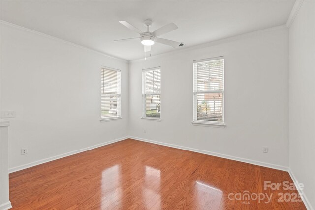 spare room featuring a wealth of natural light, ornamental molding, a ceiling fan, and wood finished floors