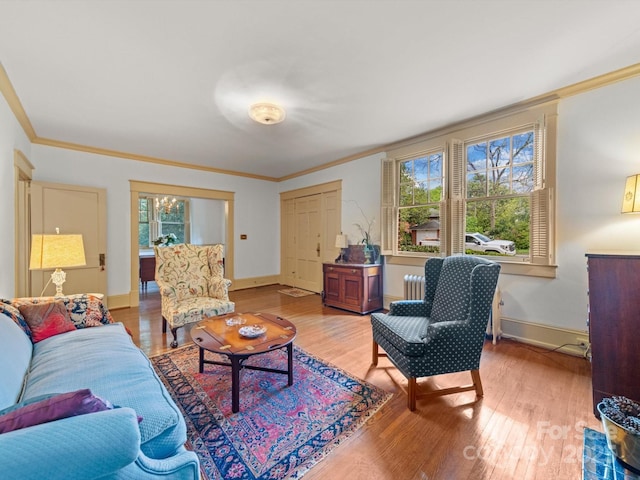 living room featuring light wood-style flooring, radiator heating unit, and a healthy amount of sunlight