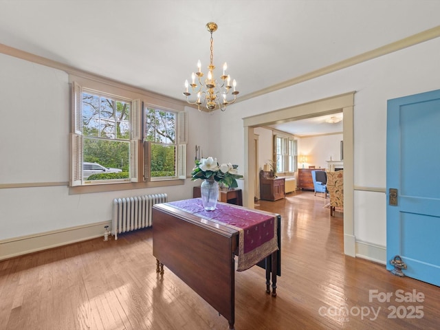 dining space with radiator, wood finished floors, and a wealth of natural light