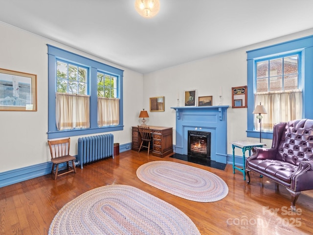 sitting room with radiator heating unit, baseboards, wood finished floors, and a fireplace with flush hearth