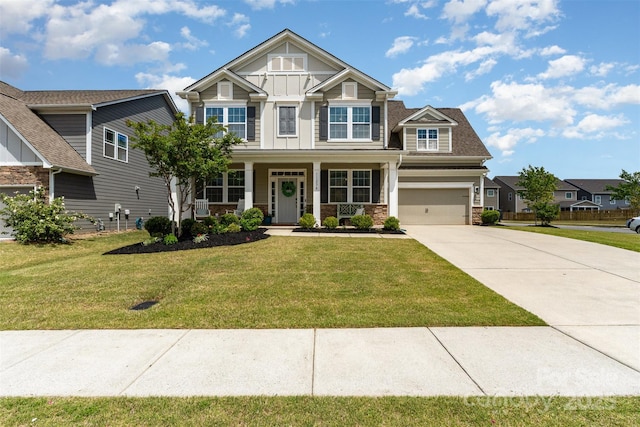 craftsman-style house with concrete driveway, board and batten siding, a front yard, a porch, and stone siding