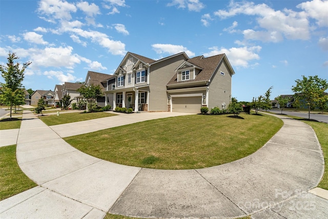 view of front facade featuring driveway, an attached garage, a front yard, and a residential view
