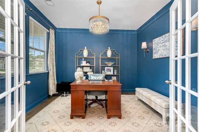 office area featuring a chandelier, french doors, baseboards, ornamental molding, and tile patterned flooring