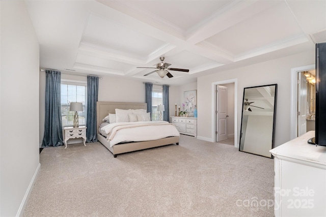 bedroom with multiple windows, light colored carpet, coffered ceiling, beam ceiling, and a ceiling fan