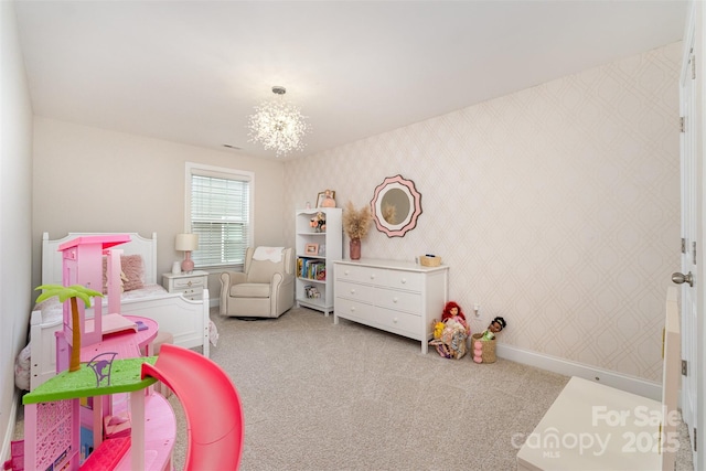 bedroom with light carpet, a chandelier, baseboards, and wallpapered walls