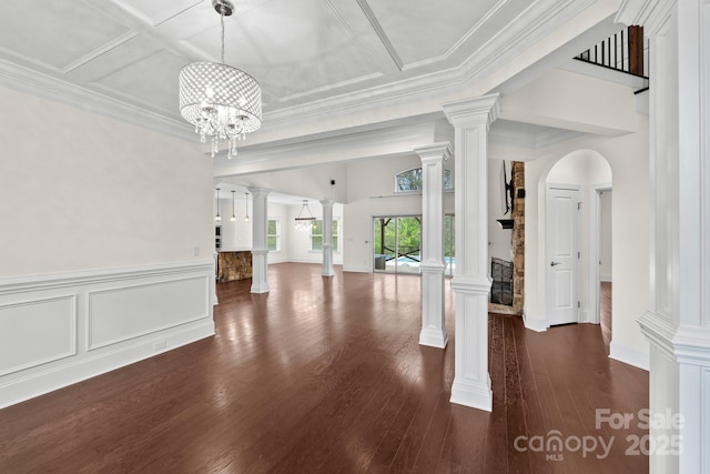 1012 Harper Lee Dr, Newton, NC 28658 - interior space featuring decorative columns, dark wood-style flooring, and ornamental molding