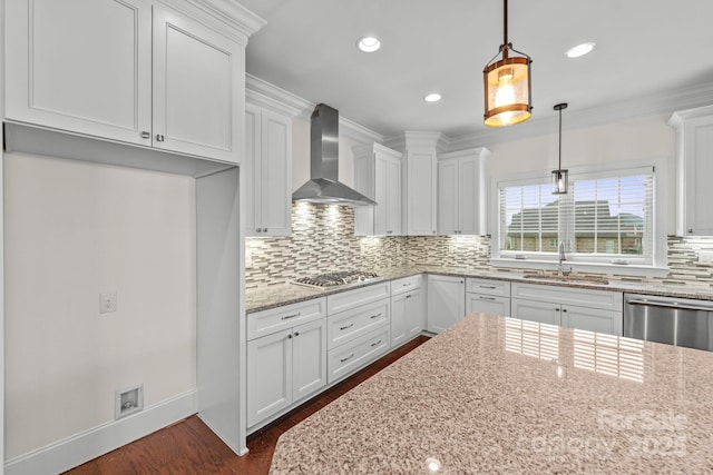 1012 Harper Lee Dr, Newton, NC 28658 - kitchen with a sink, white cabinetry, appliances with stainless steel finishes, dark wood-style floors, and wall chimney range hood