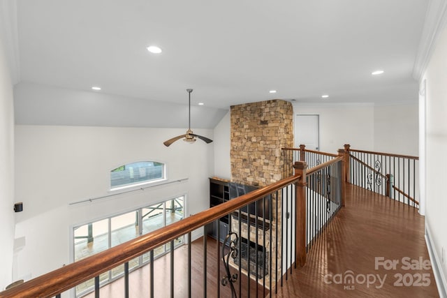 1012 Harper Lee Dr, Newton, NC 28658 - hall with high vaulted ceiling, an upstairs landing, wood finished floors, recessed lighting, and ornamental molding