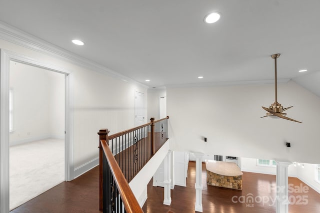 1012 Harper Lee Dr, Newton, NC 28658 - hall featuring an upstairs landing, visible vents, crown molding, wood finished floors, and recessed lighting