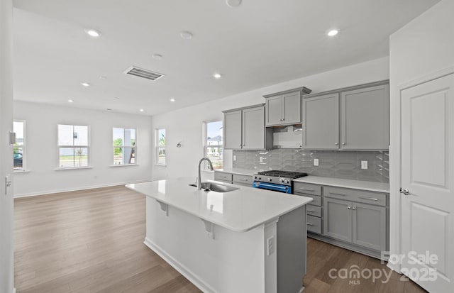 kitchen with gray cabinetry, a sink, dark wood-type flooring, and stainless steel gas stove