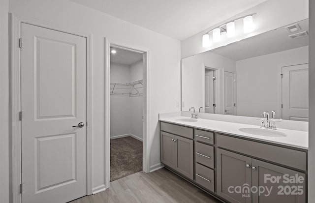 full bath featuring a walk in closet, wood finished floors, a sink, and double vanity